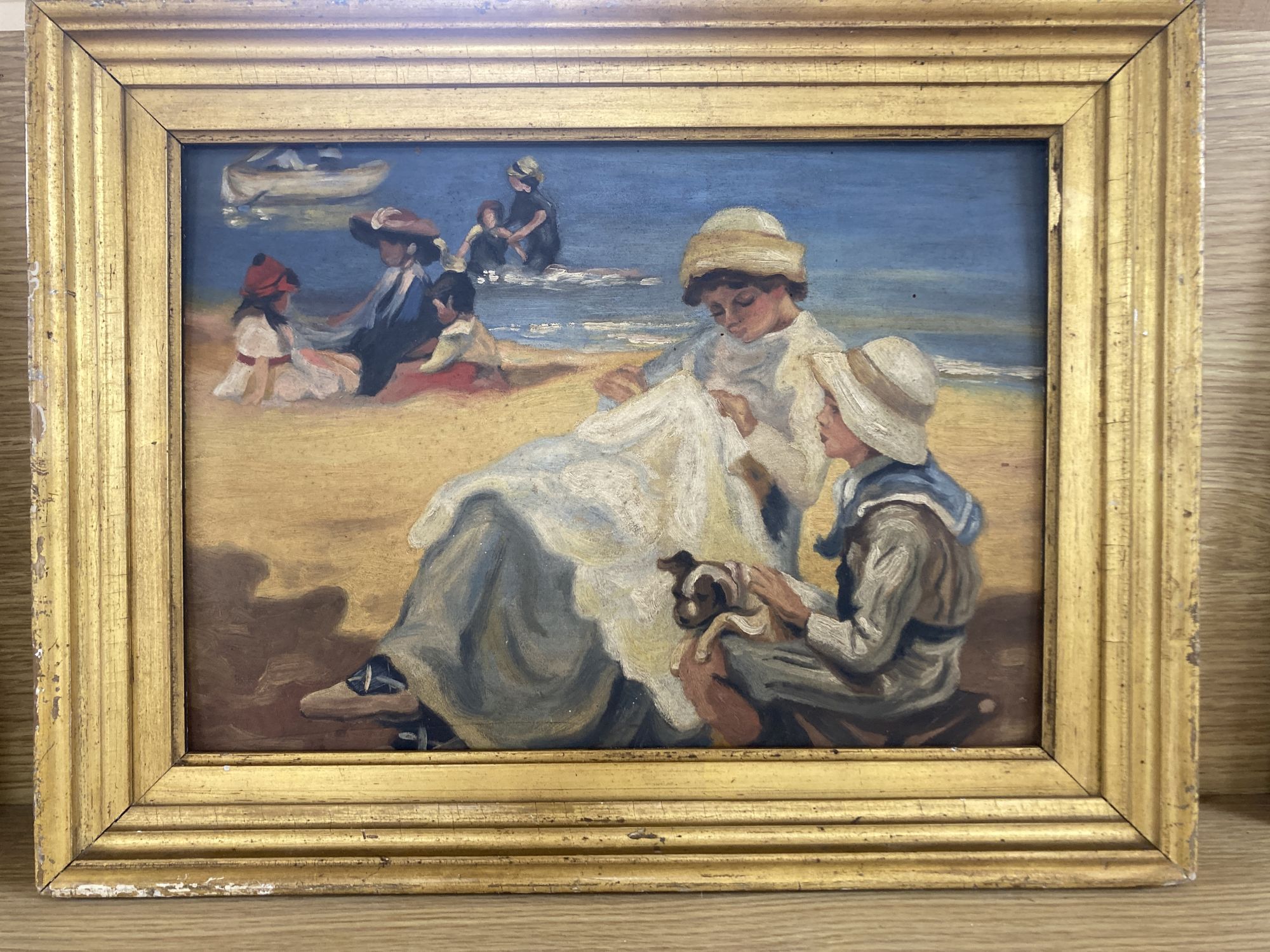 Spanish School, oil on wooden panel, Figures on a beach, 24 x 34cm